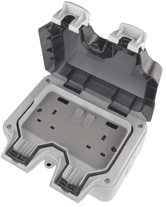 [741271571812] BS-923G, IP66 Waterproof 2 Gang BS socket, switched & illuminated