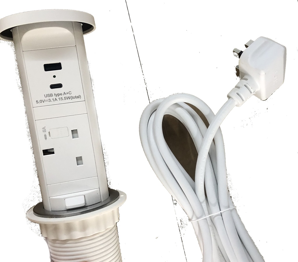 [0741271572291] ITM-32CG, White 60mm cut hole, motorised, without wireless charger on the top. 2 UK sockets A+C USB charger, 3m 3x1.5mm cable  UK plug