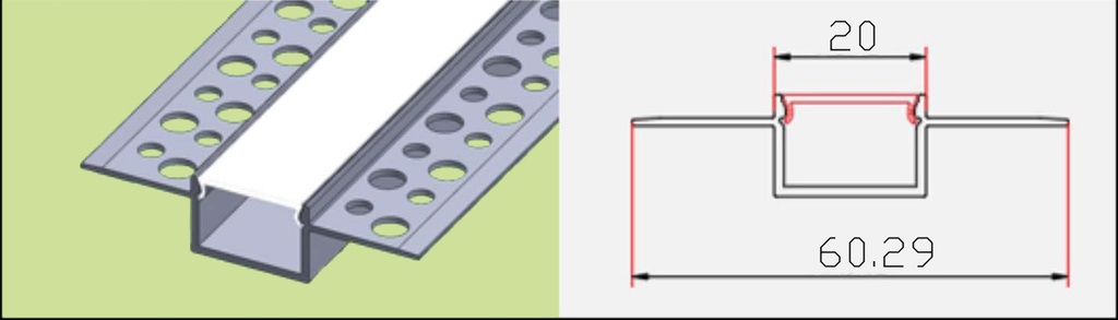 [741271577456] ALU-2060g, Gypsum-board double Alumnium profile, 20x60, opal cover + access
