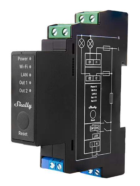[3800235268032] Shelly Pro 2PM, Shelly Pro 2PM, DIN-rail 2-channel relay, power metering, cover control, LAN, WLAN, BT