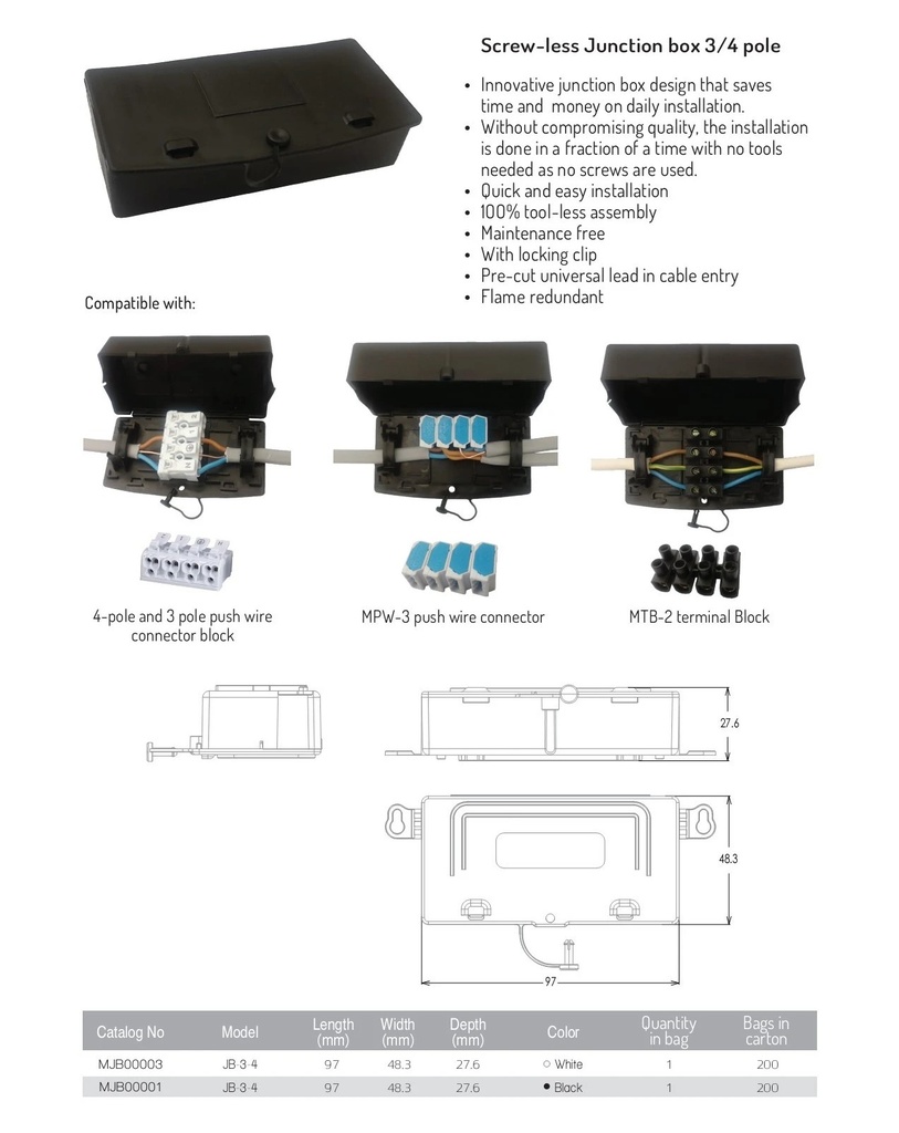 [MJB00003] JB-3-4 , Screw-less Junction box 3/4 pole White